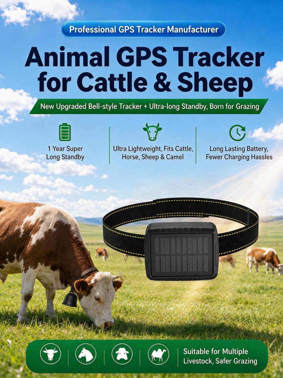 Solar cattle GPS tracker anti-lost collar for farm grazing livestock
