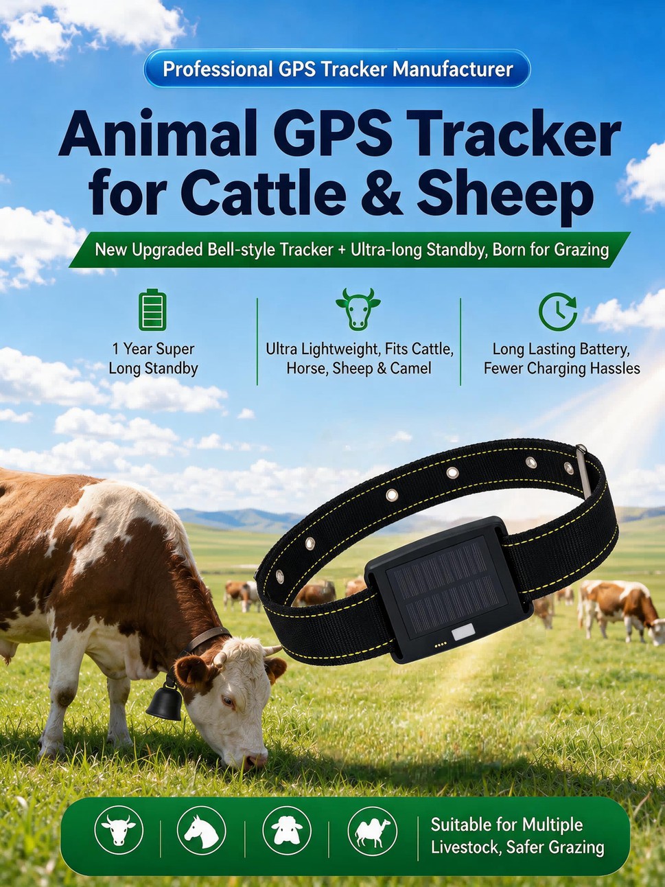 Solar GPS Livestock Tracker for cattle sheep horse anti-lost grazing positioning device